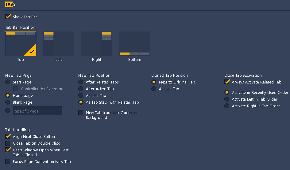 Some Tab options available in Vivaldi.